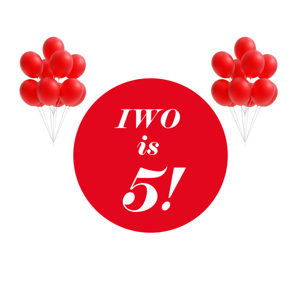 The text "IWO is 5!" appears in a red circle with two sets of red balloons visible on each side of the circle.